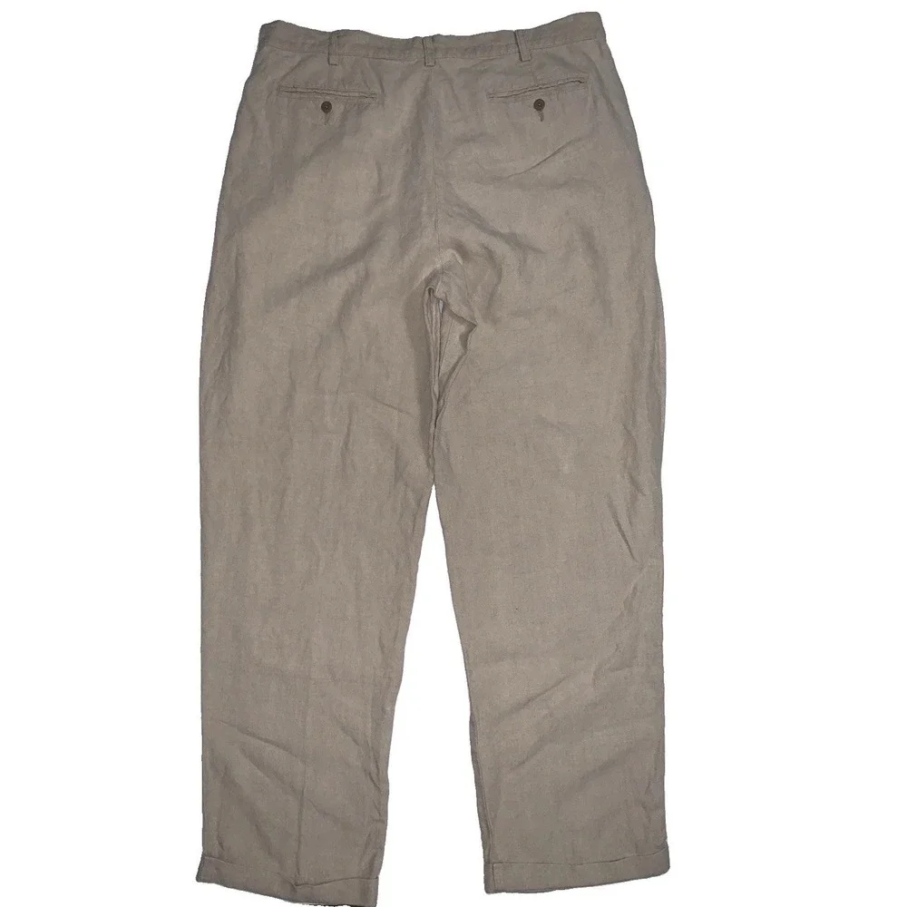 Eddie Bauer 100% Linen Pants Mens 38 Tall Cuffed Pleated Tan Casual Resort 38x32